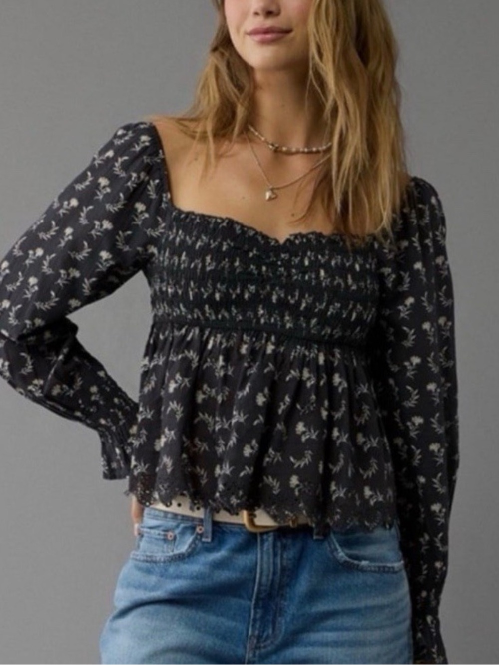American Eagle Outfitters Smocked Floral Babydoll Top